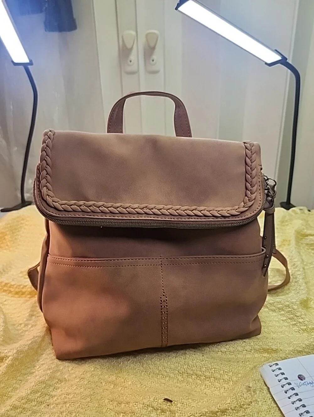 Women’s Blush Brown Faux Leather Backpack - Braided Flap